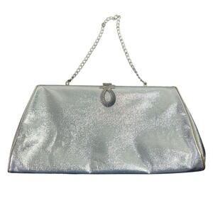 Elegant Silver Metallic Clutch Bag with Chain Strap Evening Handbag Prom Wedding